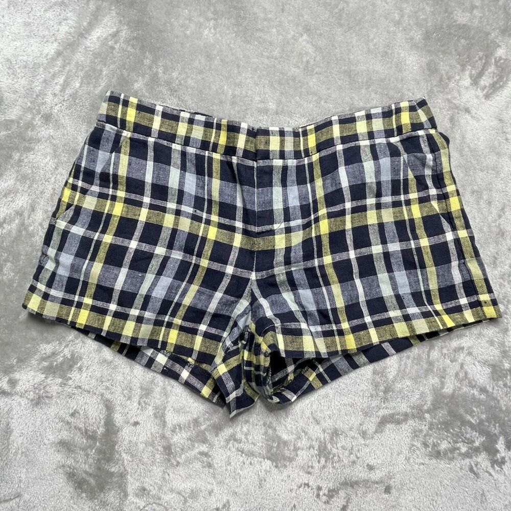 Joie Plaid Shorts Women’s 2 Mini Navy Spring 100% Linen Style/ 1926-6493